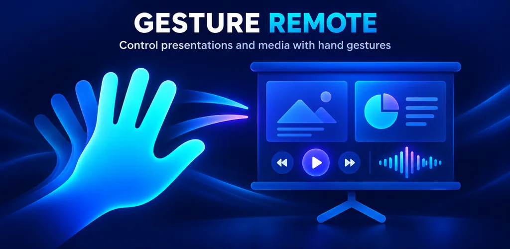Gesture Remote: una mano abierta deslizándose hacia una pantalla de presentación con controles de reproducción.