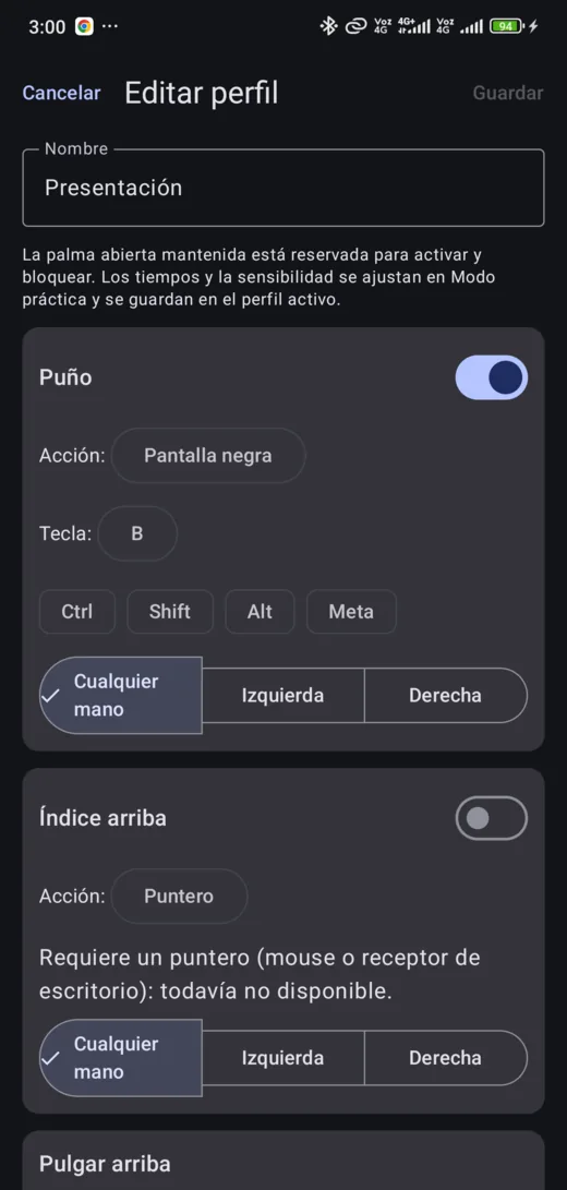 Editor de perfil: el gesto Puño asignado a Pantalla negra con la tecla B, modificadores y elección de mano.