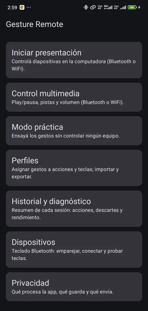 Pantalla de inicio con las opciones Iniciar presentación, Control multimedia, Modo práctica, Perfiles, Historial, Dispositivos y Privacidad.