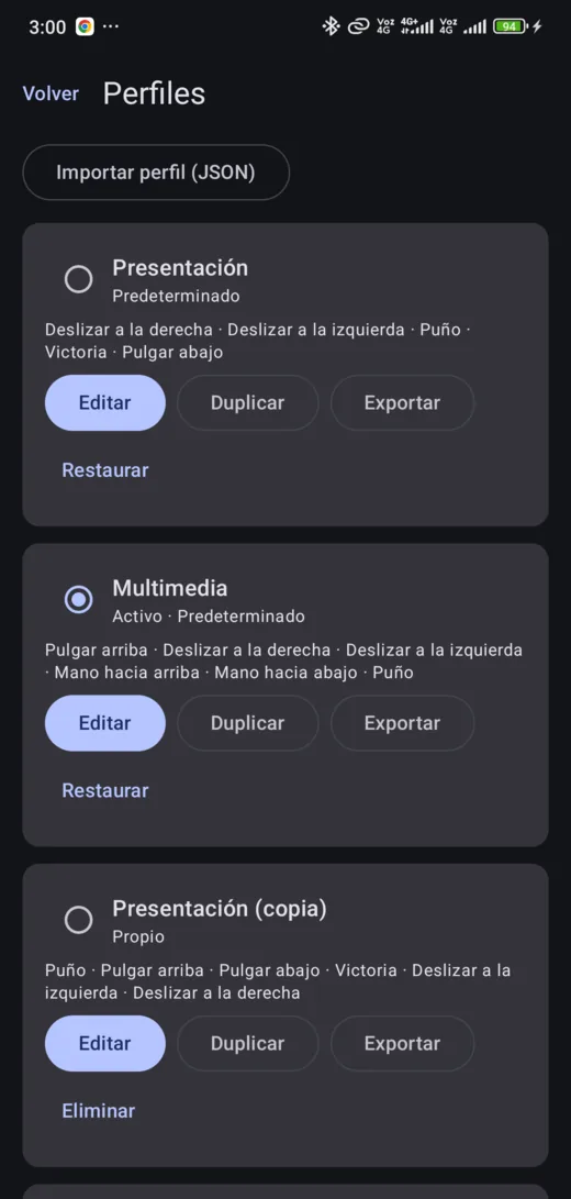 Lista de perfiles Presentación y Multimedia con botones para editar, duplicar y exportar.